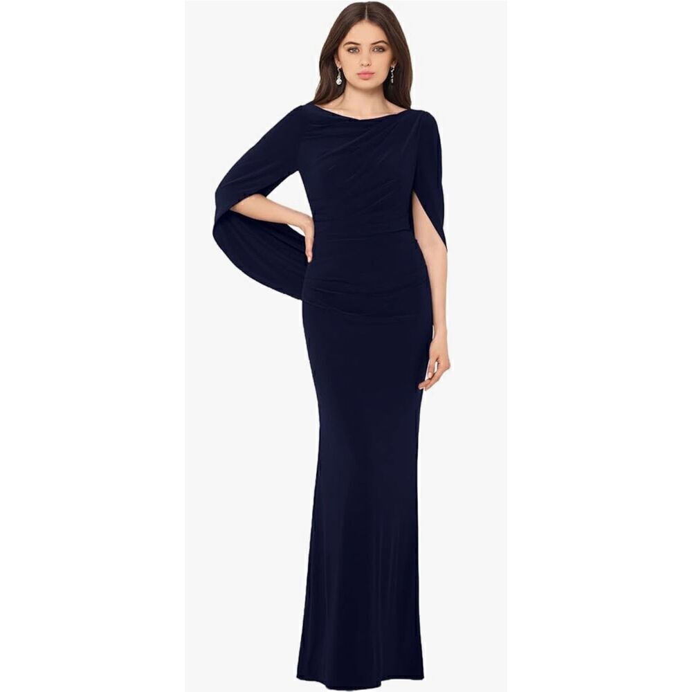 Betsy & Adam Women's Long Stretchy 3/4 Sleeve Cowl Neck Drape Back Gown